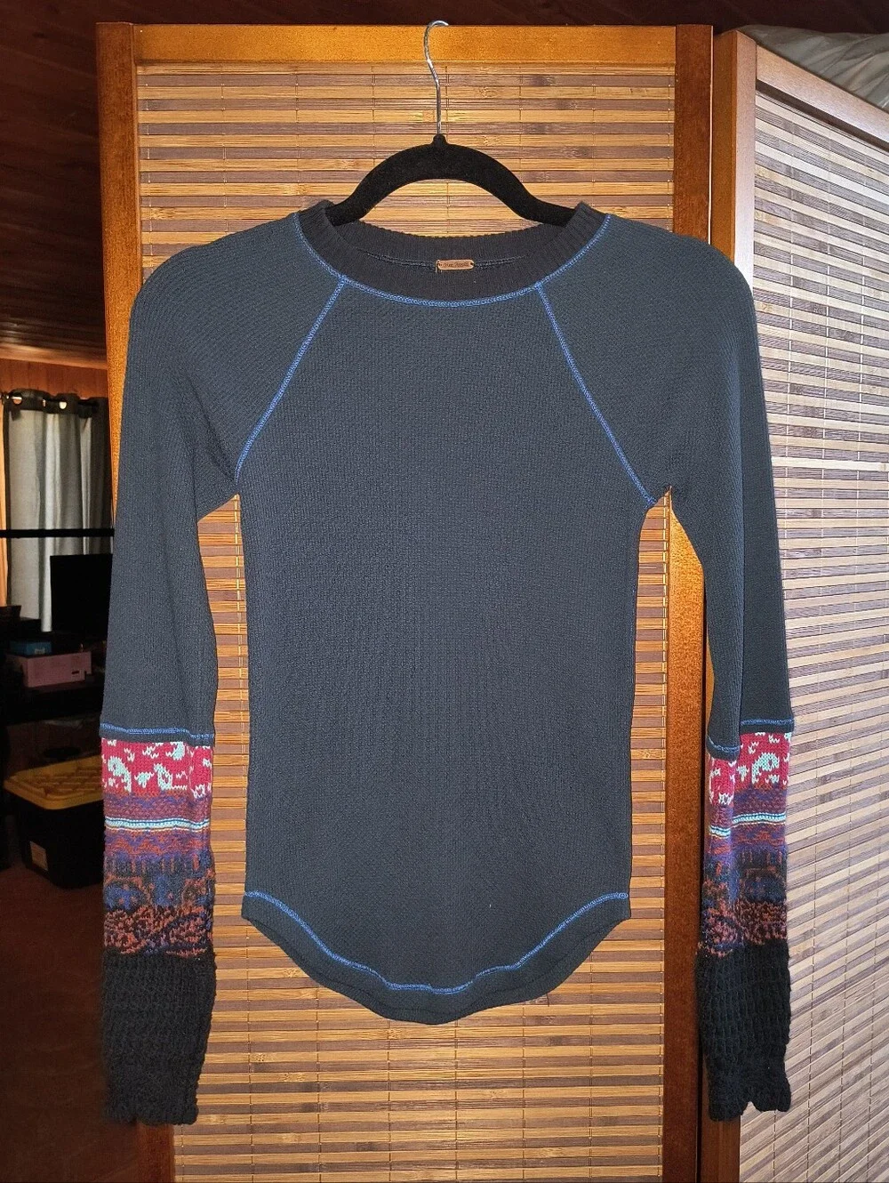 Free People Navy Waffle Thermal Top with Multicolor Patterned Sleeve Panels